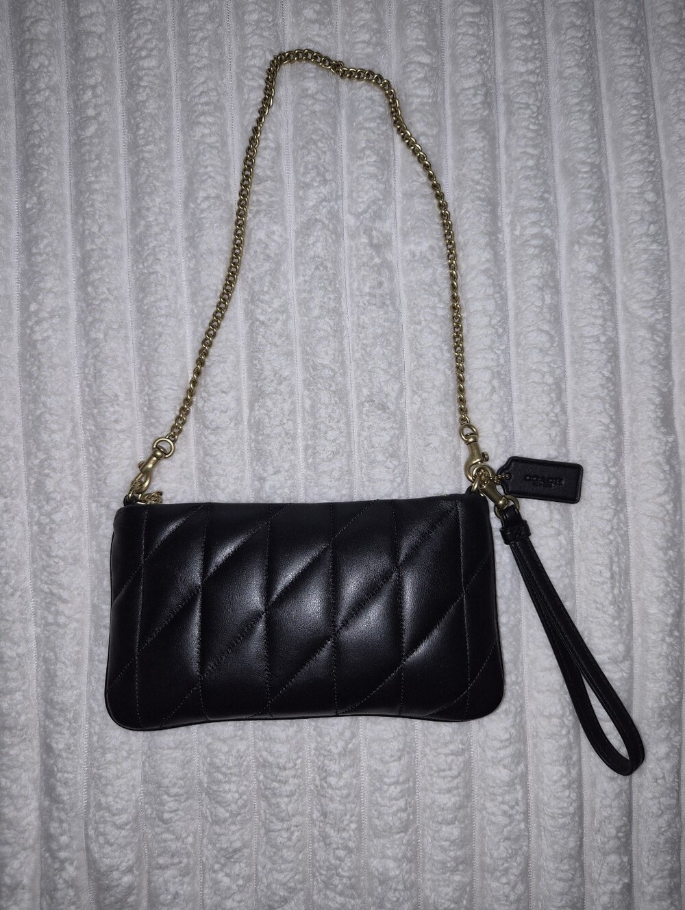 Coach Black Quilted Leather Wristlet with Gold Chain Strap